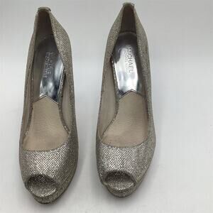 Michael Kors Silver Glitter Peep Toe Platform Heels Size 10 Women's‎